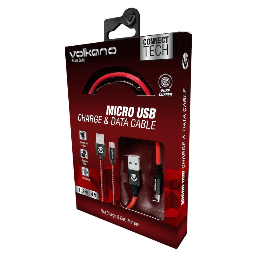 Volkano Braids Series Nylon Braided Micro USB Cable 1.2m - Black & Red - Image 2