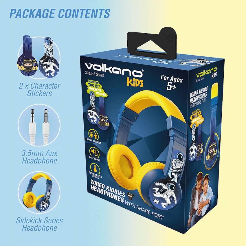 Volkano Sidekick Series Wired Kiddies Headphones with Share Port - Yellow/Blue - Image 10