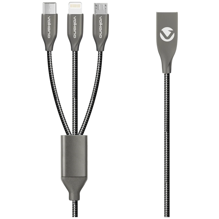 Volkano Iron Series Round Metallic Spring 3-in-1 (Type-C/Lightning/Micro) Cable 1m - Black