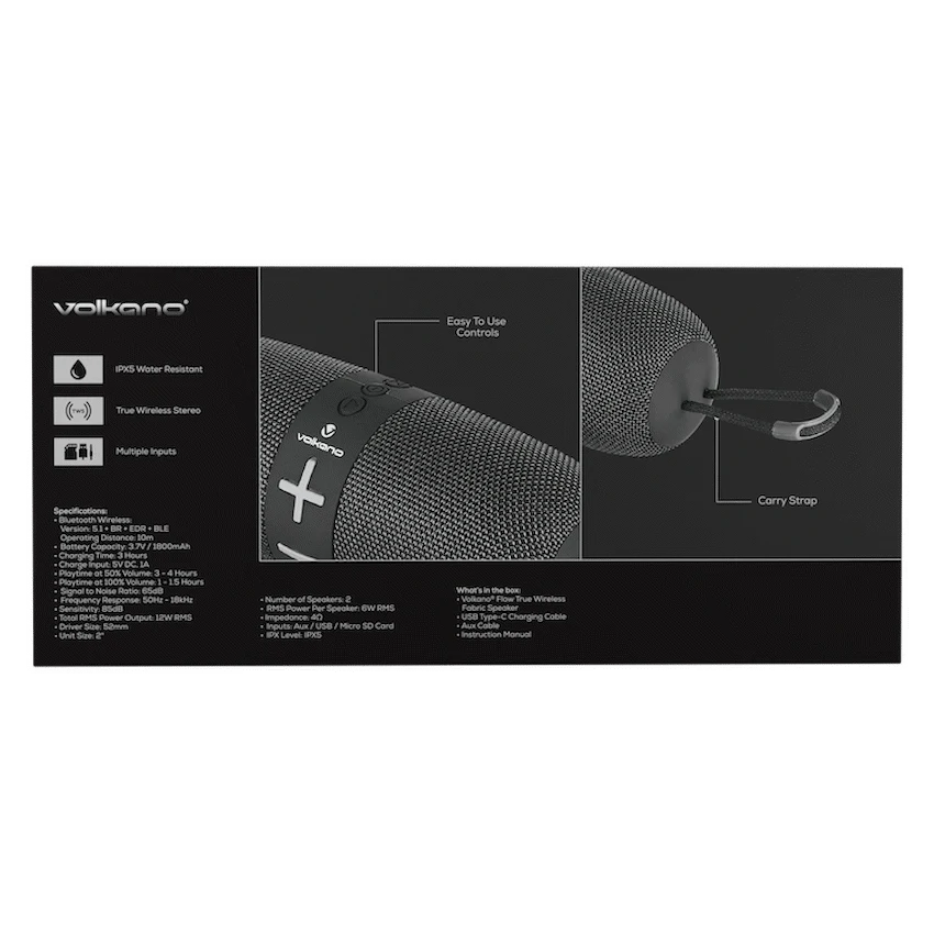 Volkano Flow Series Portable Bluetooth Speaker - Black with Grey Buttons - Image 8