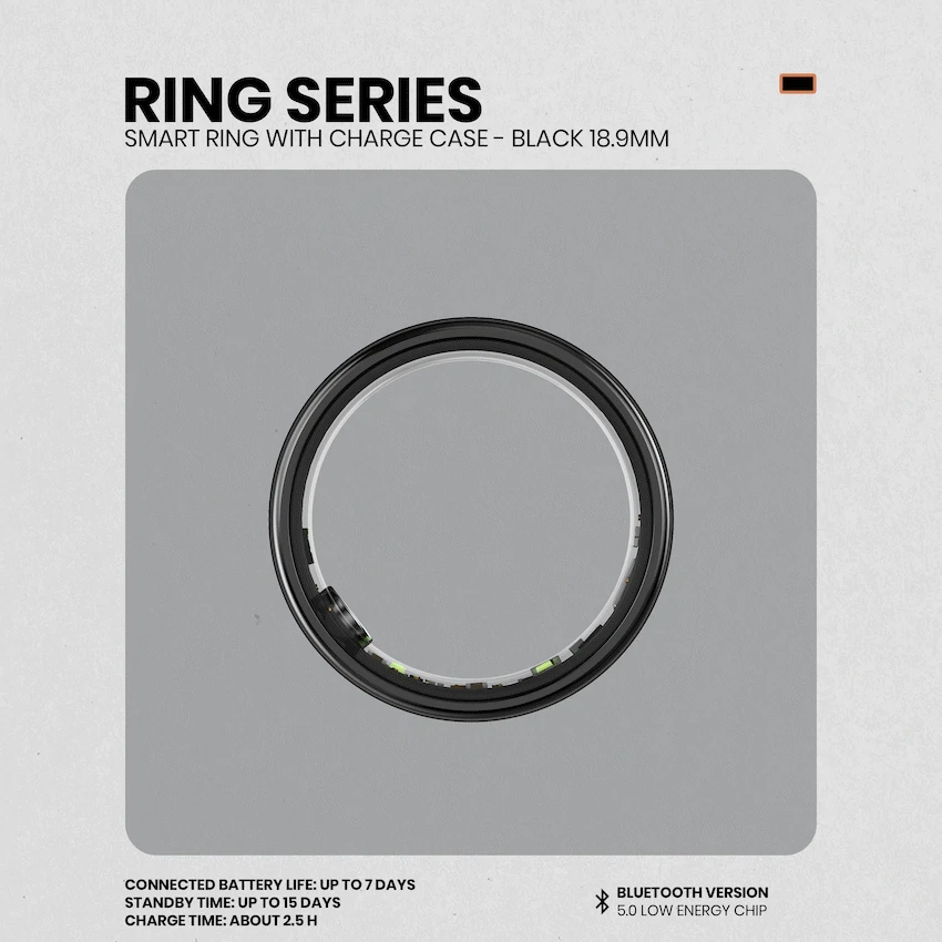 Volkano Ring Series Smart Ring with Charge Case - Black 18.9mm - Image 4
