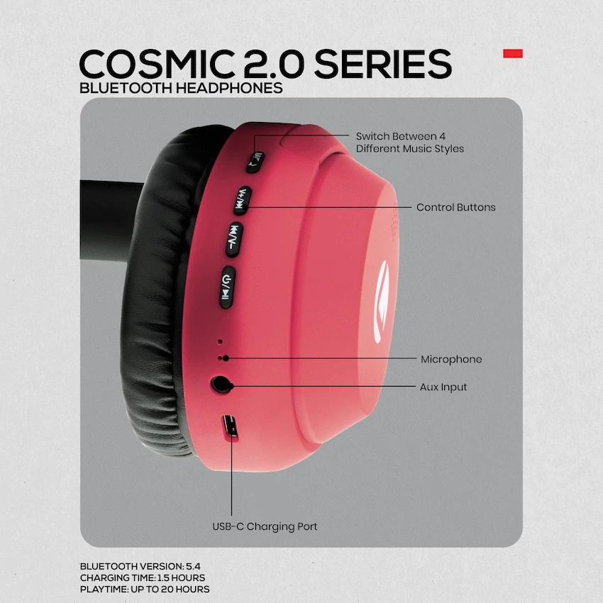 Volkano Cosmic 2 Series Bluetooth Headphones - Red - Image 2