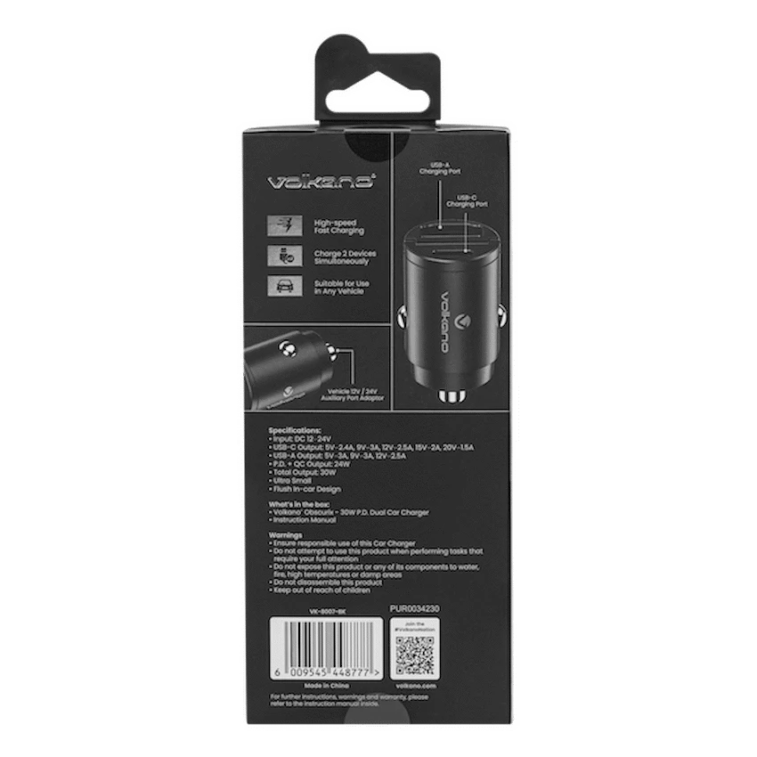 Volkano Obscurix Series 30w PD Dual USB-A and USB-C Ultra Small Car Charger - Image 2