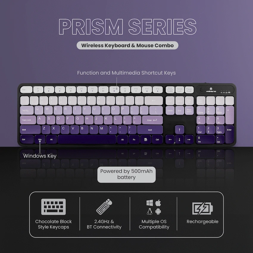 Volkano Prism Series Bluetooth Wireless Keyboard and Mouse - Purple - Image 3