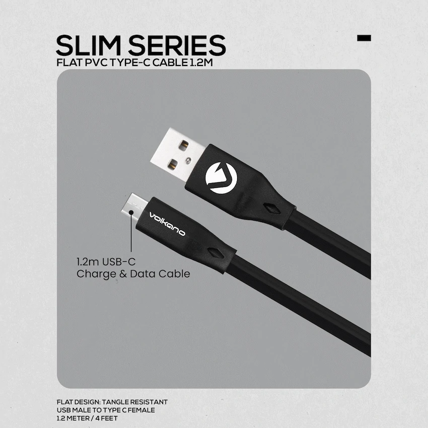 Volkano Slim Series Flat PVC Type-C Cable 1.2m - Black - Image 2