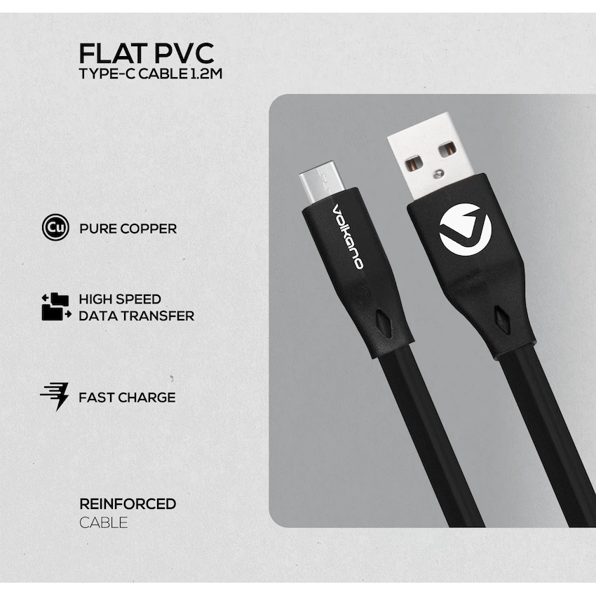 Volkano Slim Series Flat PVC Type-C Cable 1.2m - Black - Image 3