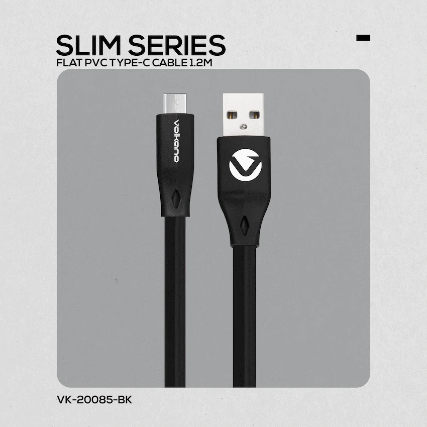 Volkano Slim Series Flat PVC Type-C Cable 1.2m - Black - Image 6
