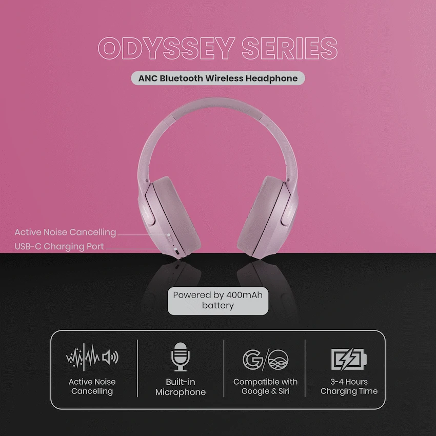 Volkano Odyssey ANC Bluetooth Wireless Headphone - Rose Gold - Image 9