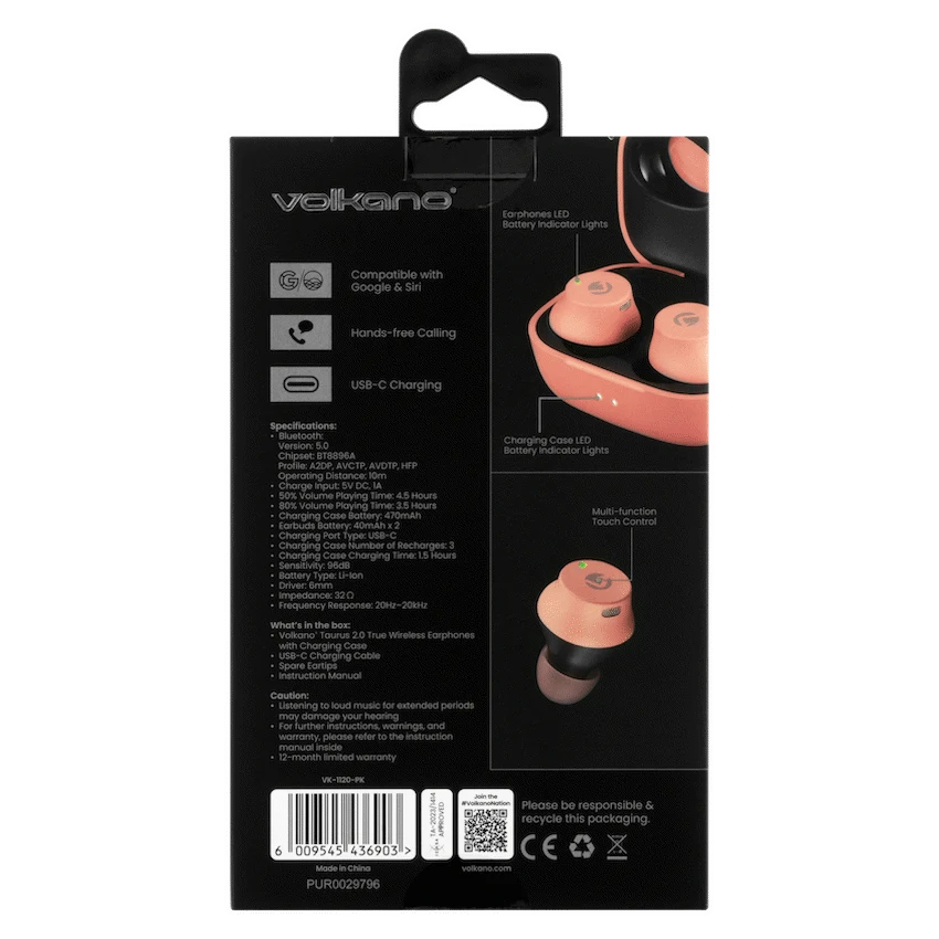 Volkano Taurus Series 2.0 True Wireless Earphones with Charging Case - Pink - Image 9